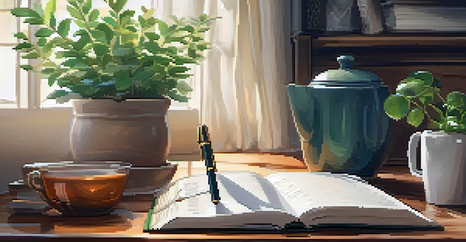 An inviting journaling corner with an open journal, a cup of tea, and soft lighting, creating a warm atmosphere.