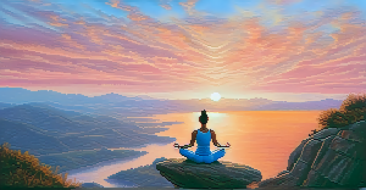 A person practicing yoga on a cliff at sunrise, surrounded by a stunning landscape.
