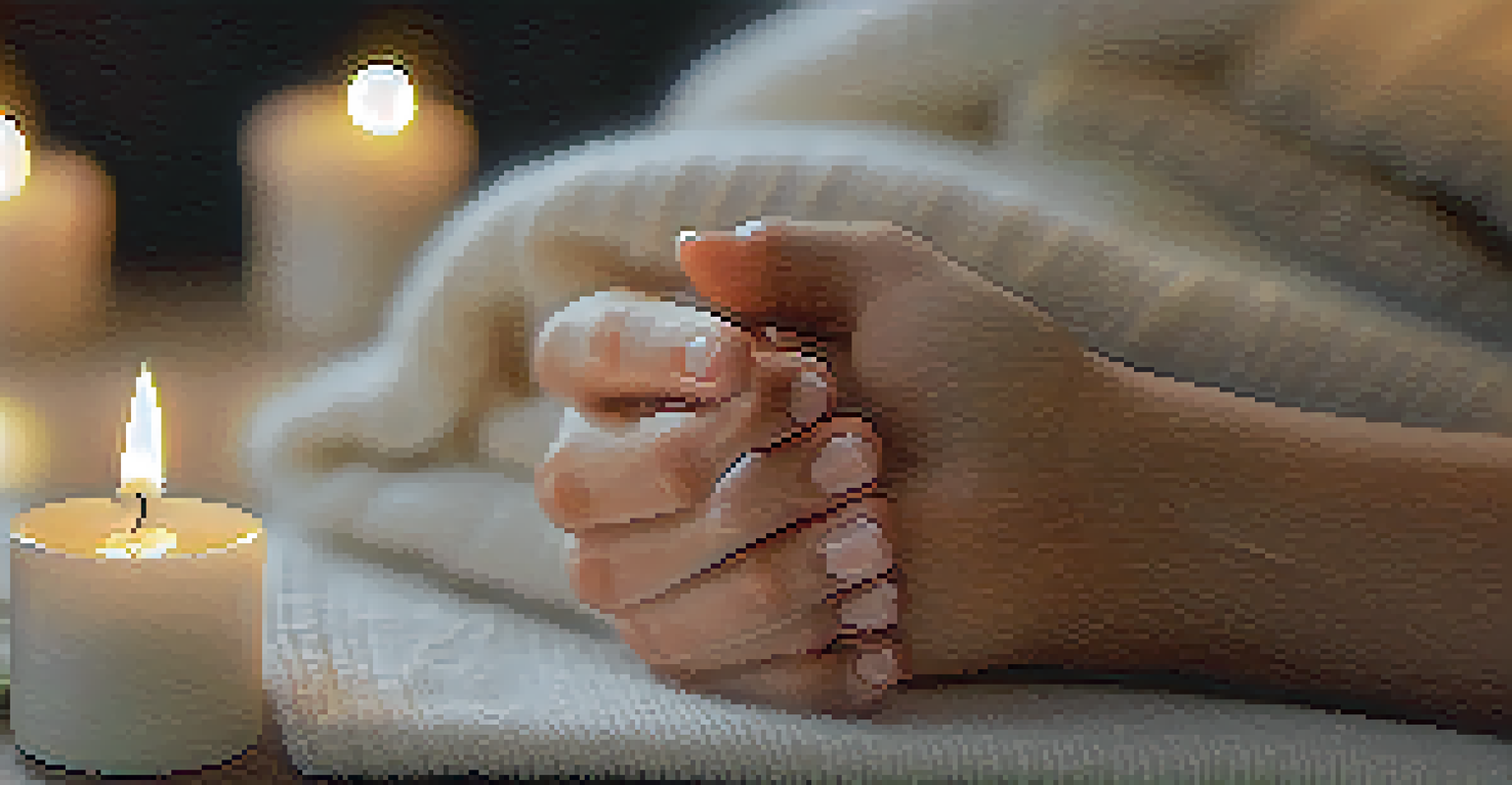 Close-up of hands demonstrating a breathing technique, with a soft blurred background of calming decor.