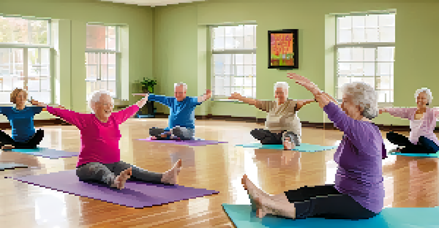 A group of seniors in a chair yoga class at a community center, practicing different poses with smiles, guided by an instructor.