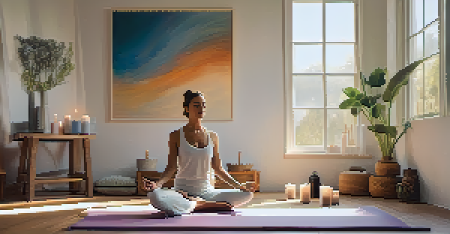 An artist meditating in a calming yoga space, with a canvas and painting supplies nearby, preparing for creative work.