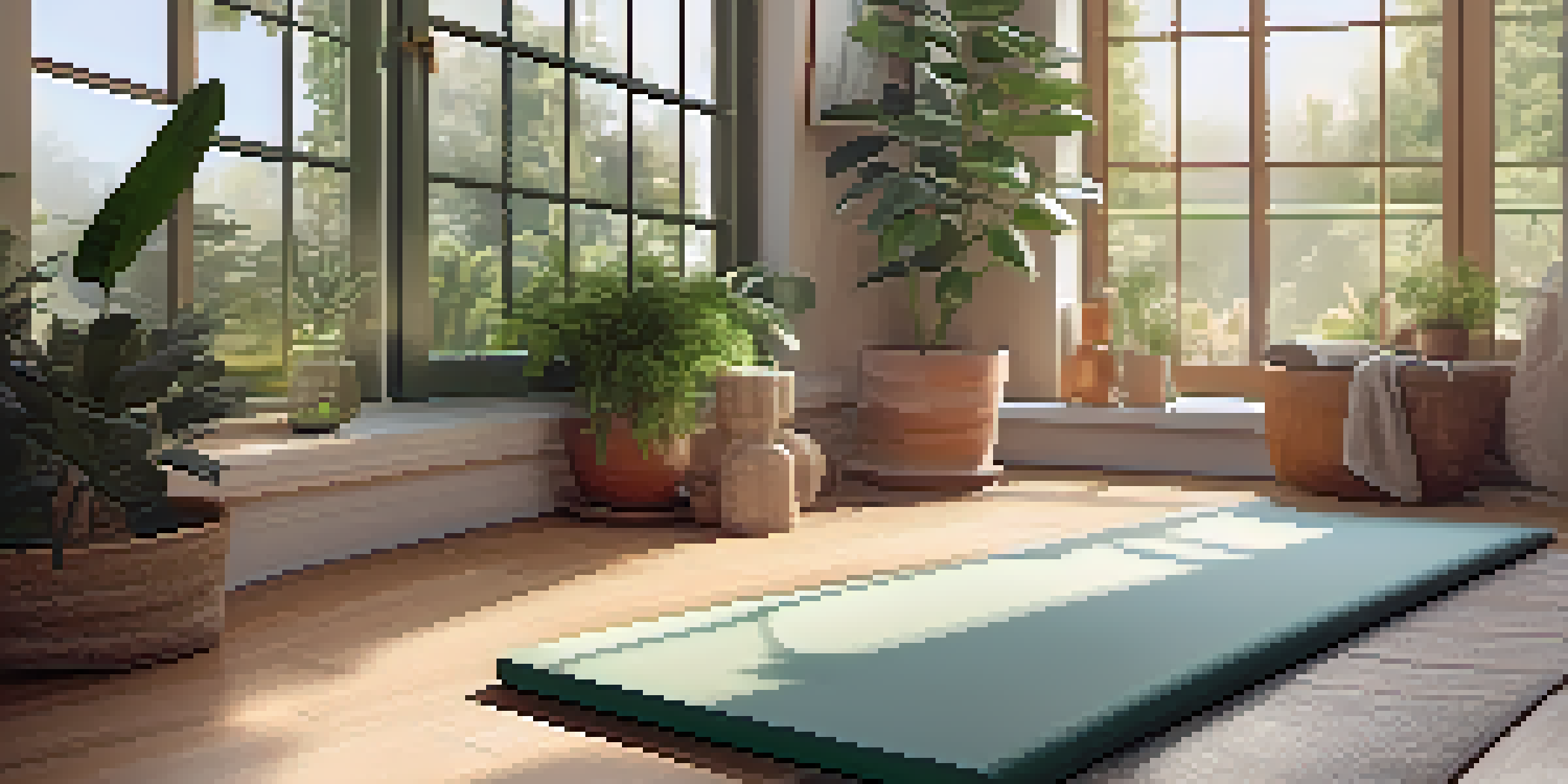 A tranquil yoga space with pastel colors, natural light, and green plants, featuring a yoga mat surrounded by supportive props.