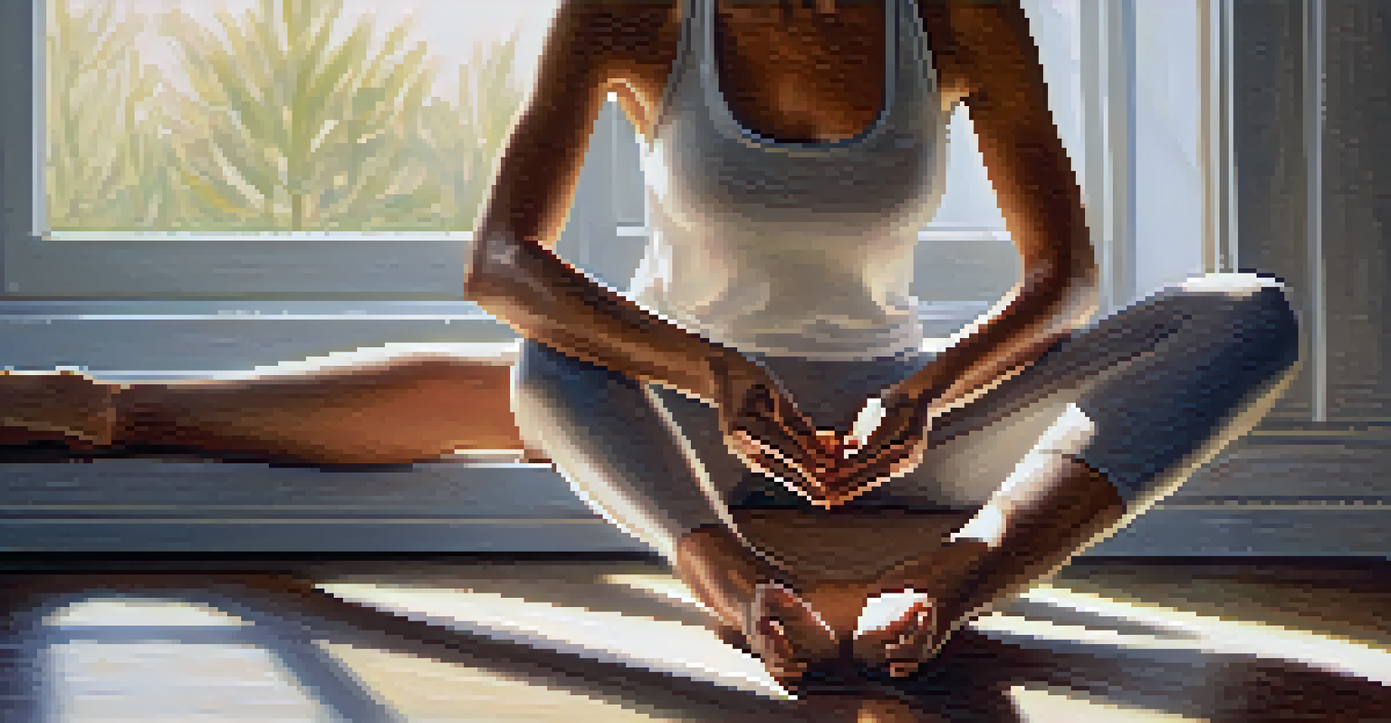 Close-up of a person practicing mindful breathing in a yoga pose, with hands in a mudra on their knees and a serene expression.