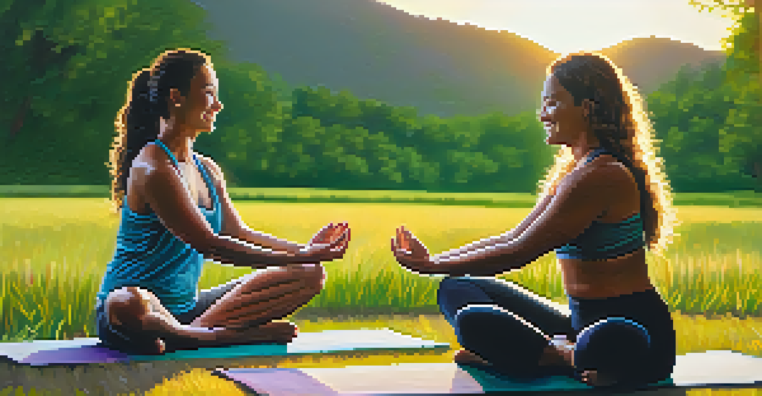 Two individuals practicing partner yoga poses outdoors during sunset, surrounded by greenery and flowers.
