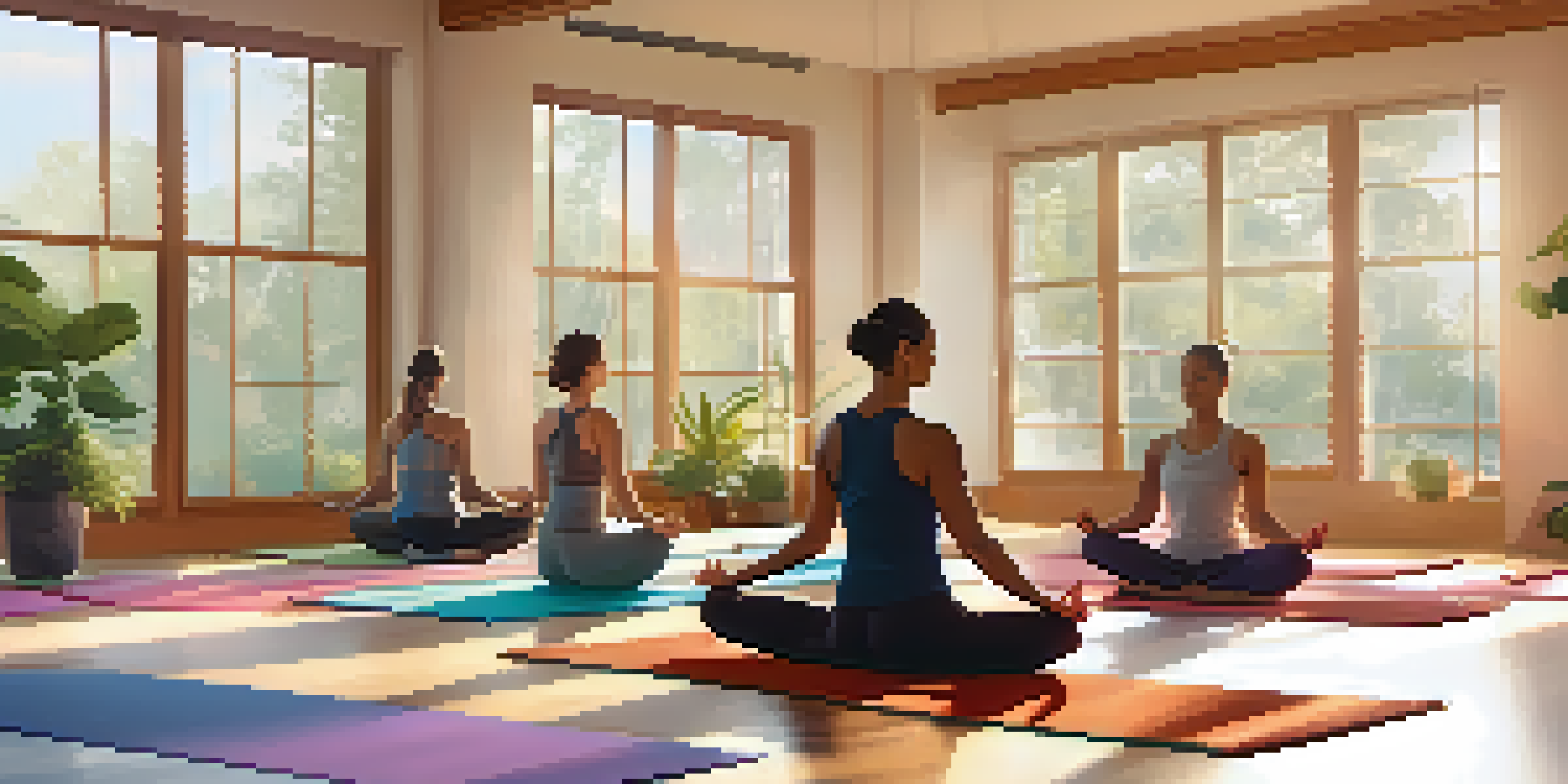 A calm yoga studio filled with diverse individuals practicing yoga, with natural light and plants around.