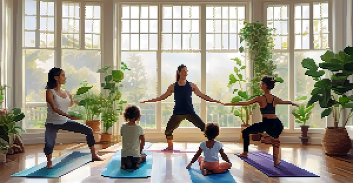 A diverse family practicing yoga in Tree Pose, standing tall with smiles in a bright room filled with plants.