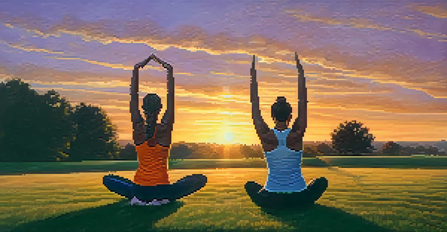 Two individuals practicing partner yoga at sunset in a grassy field, performing a balancing pose with a colorful sky in the background.