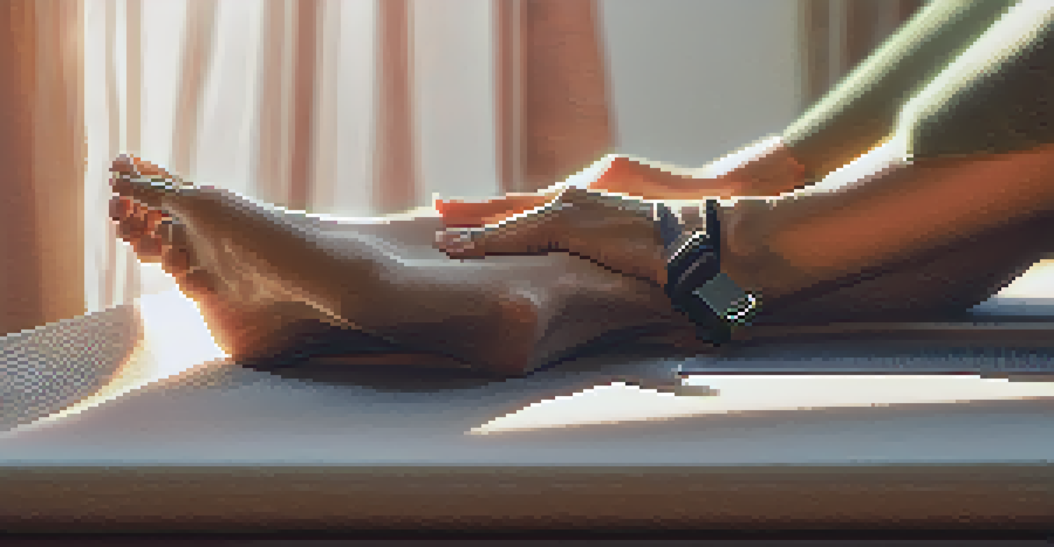 Close-up of hands on a yoga mat with a block and strap, surrounded by soft sunlight.