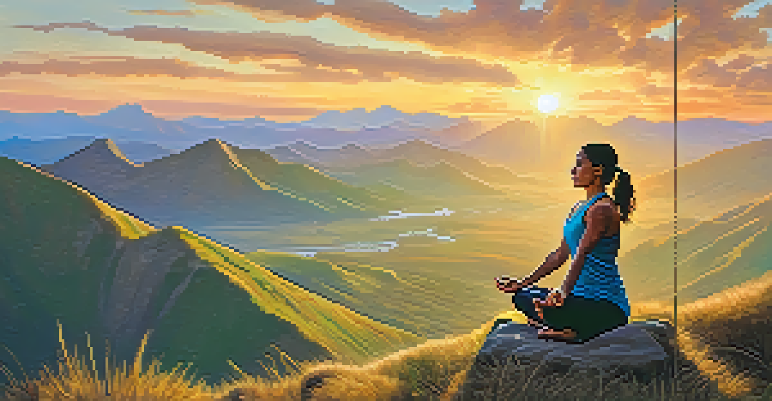 A person in a warrior pose on a cliff at sunrise, with mountains and valleys in the background.