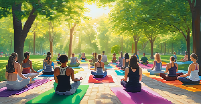 A diverse group of people practicing yoga in a sunny park, surrounded by greenery and flowers, with soft sunlight filtering through the trees.