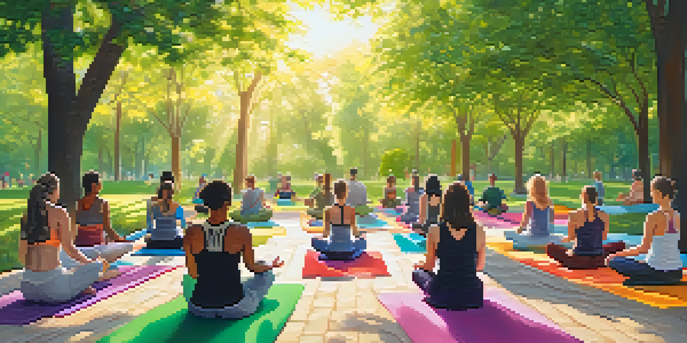 A diverse group of people practicing yoga in a sunny park, surrounded by greenery and flowers, with soft sunlight filtering through the trees.