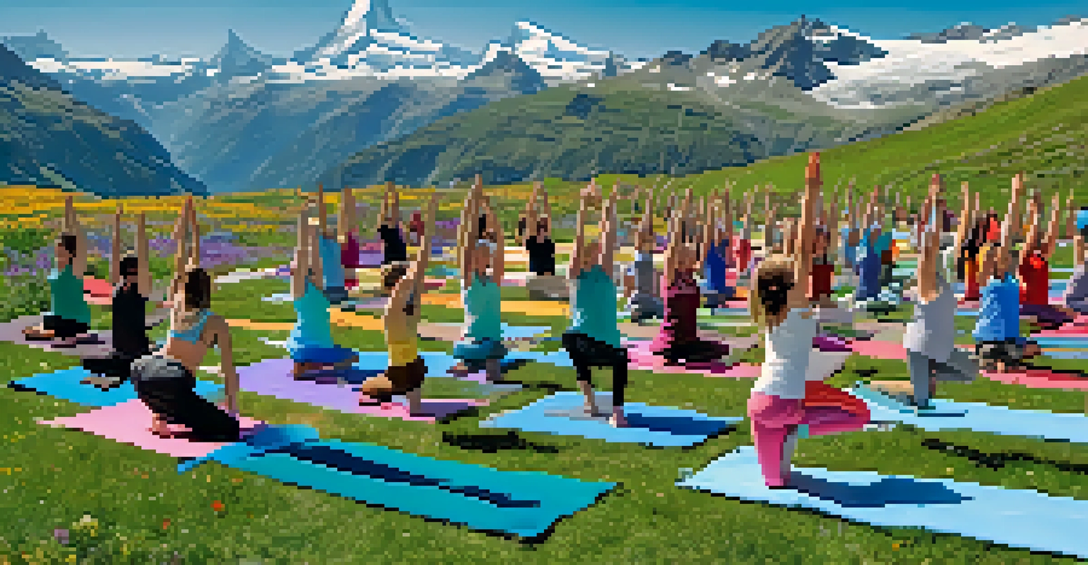Participants practicing yoga outdoors on a mountain peak in Zermatt, Switzerland, with snow-capped Alps and vibrant wildflowers around them.