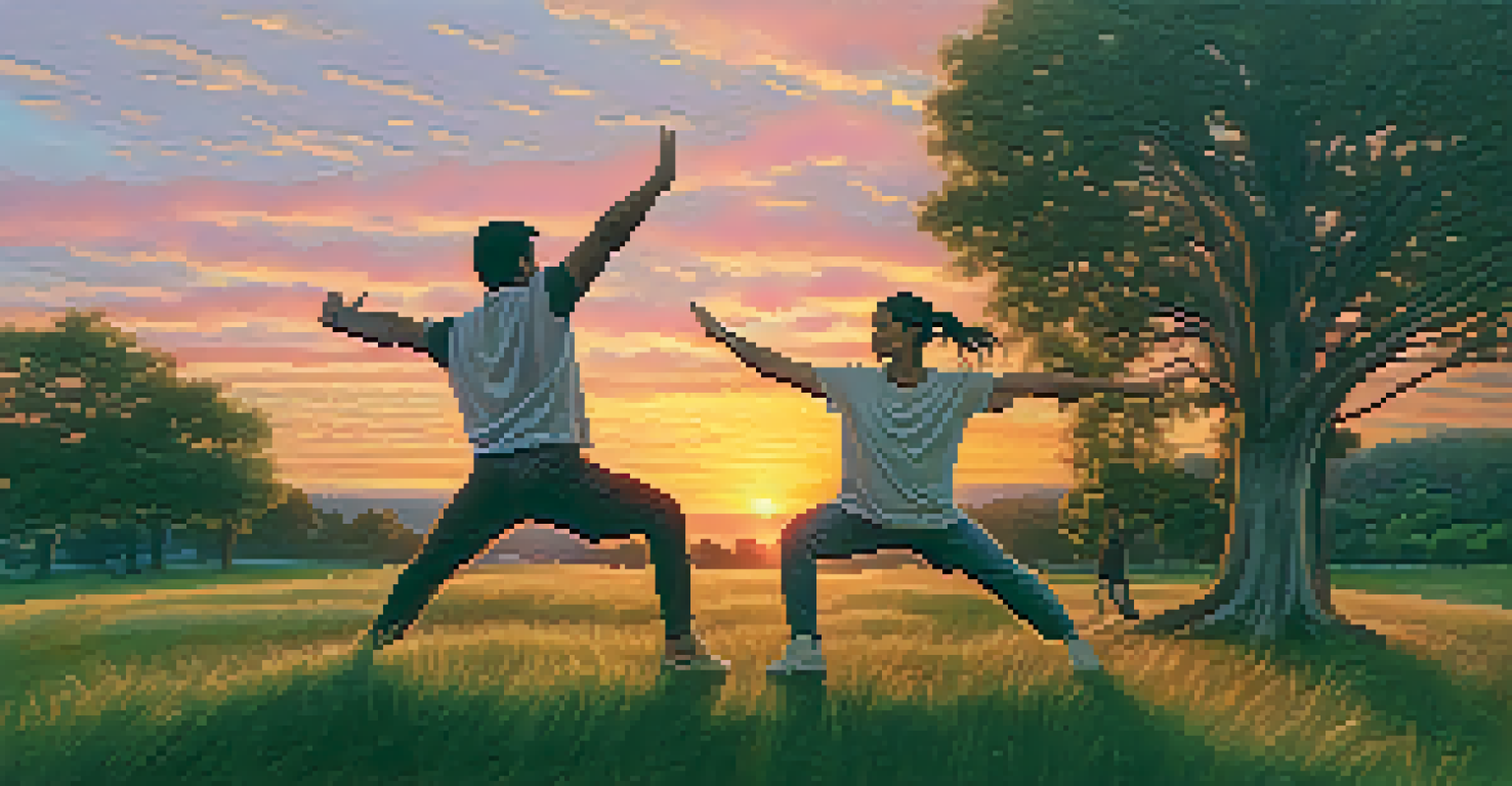Two partners practicing a Supported Warrior pose outdoors during sunset, with a colorful sky and natural surroundings.