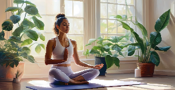 A person practicing deep breathing in a peaceful yoga studio with plants and soft lighting.