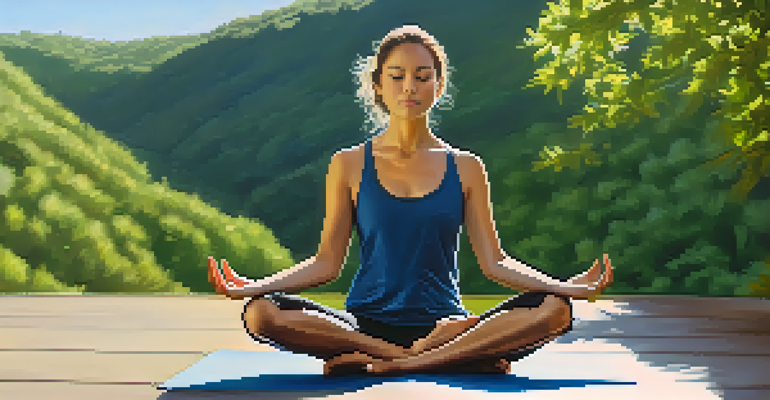 A person meditating cross-legged on a yoga mat outdoors, surrounded by greenery, with a serene expression.