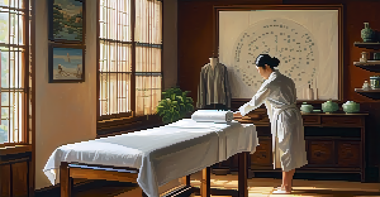An acupuncture treatment session taking place in a cozy room with soft lighting and calming decor.