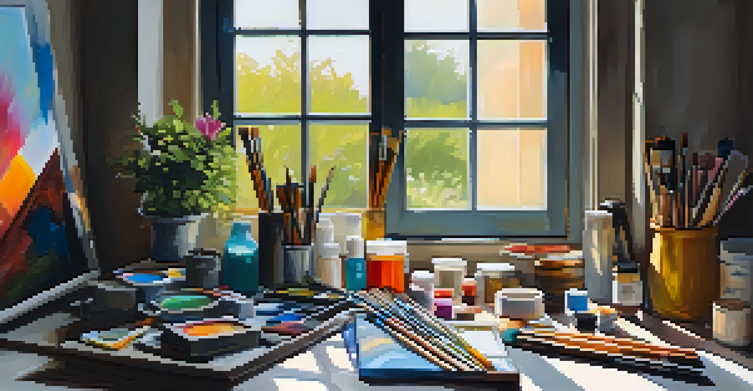An artist in a meditative pose, surrounded by colorful paints and canvases in a well-lit workspace, evoking a sense of creativity.