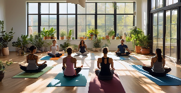 A diverse group of people practicing yoga in a bright, plant-filled room with colorful mats and soft natural light.
