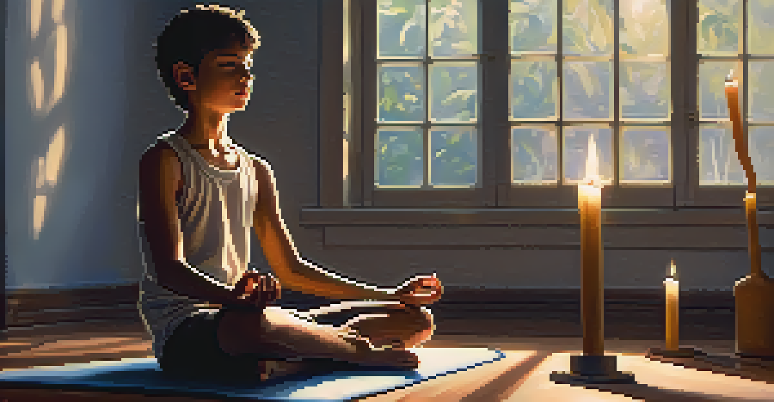 A teenage boy practicing '4-7-8 breathing' technique in a cozy room, sitting cross-legged on a yoga mat with a peaceful expression.
