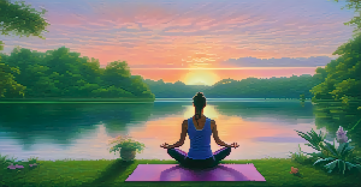A yoga practitioner meditating by a tranquil lake during sunset.
