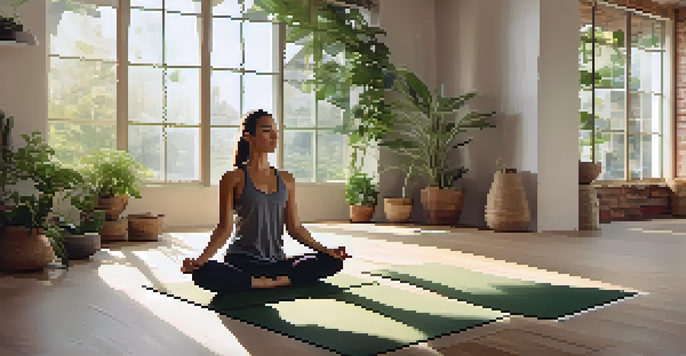 A person practicing pranayama in a bright yoga studio, sitting on a mat with a peaceful expression, surrounded by plants.