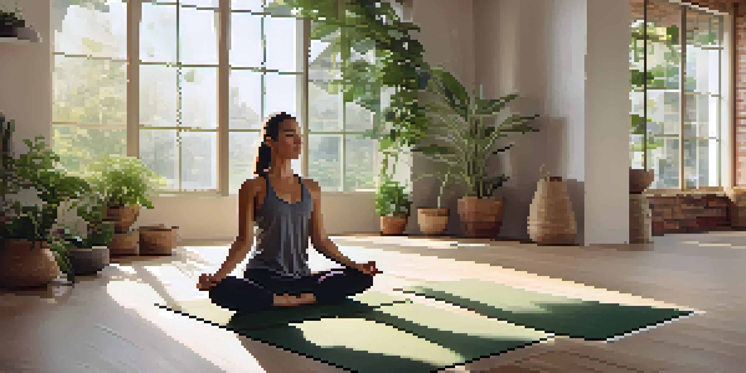 A person practicing pranayama in a bright yoga studio, sitting on a mat with a peaceful expression, surrounded by plants.