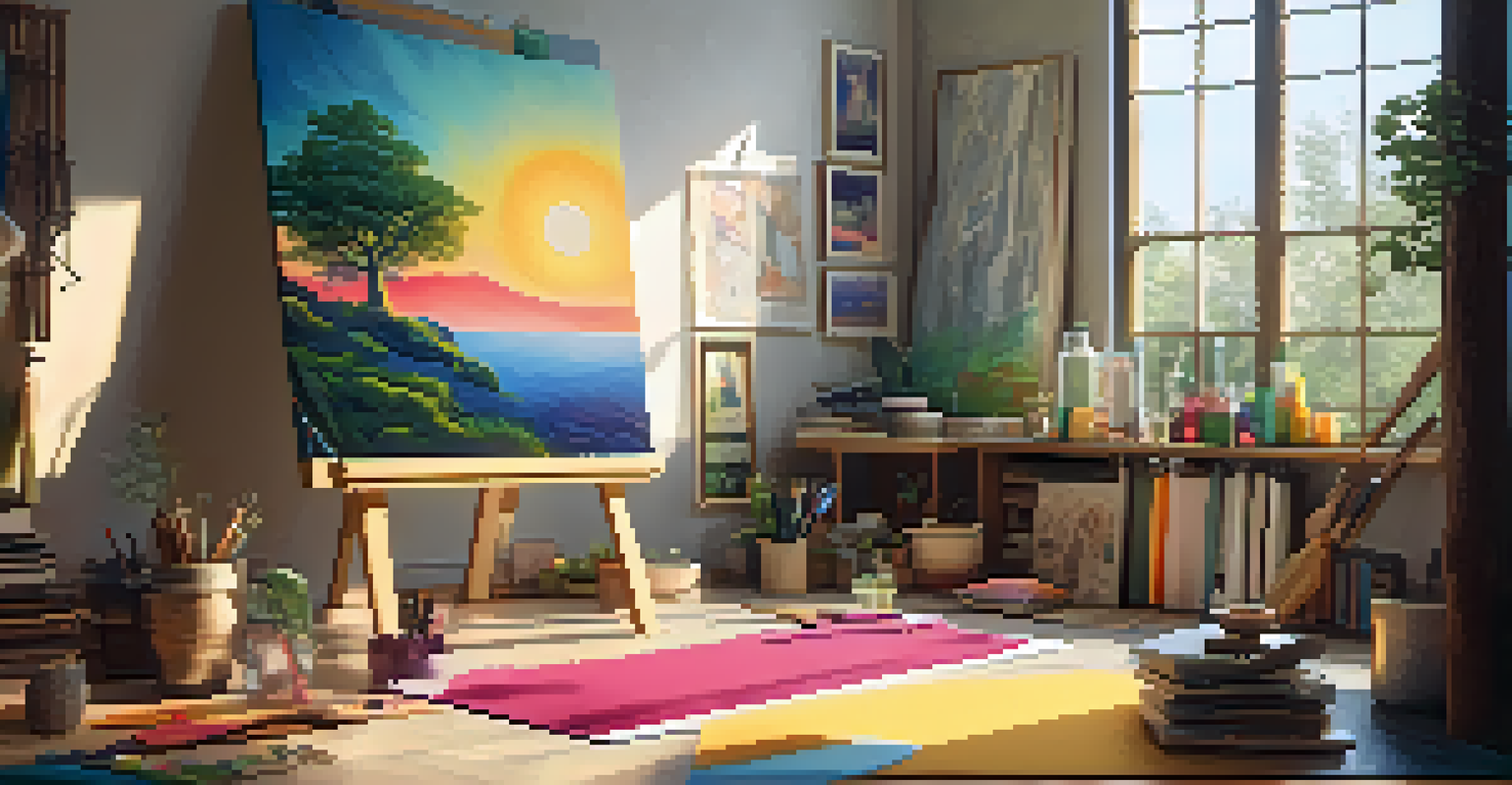 An artist's studio filled with art supplies and a partially completed painting inspired by nature, with a yoga mat in the corner and sunlight illuminating the space.