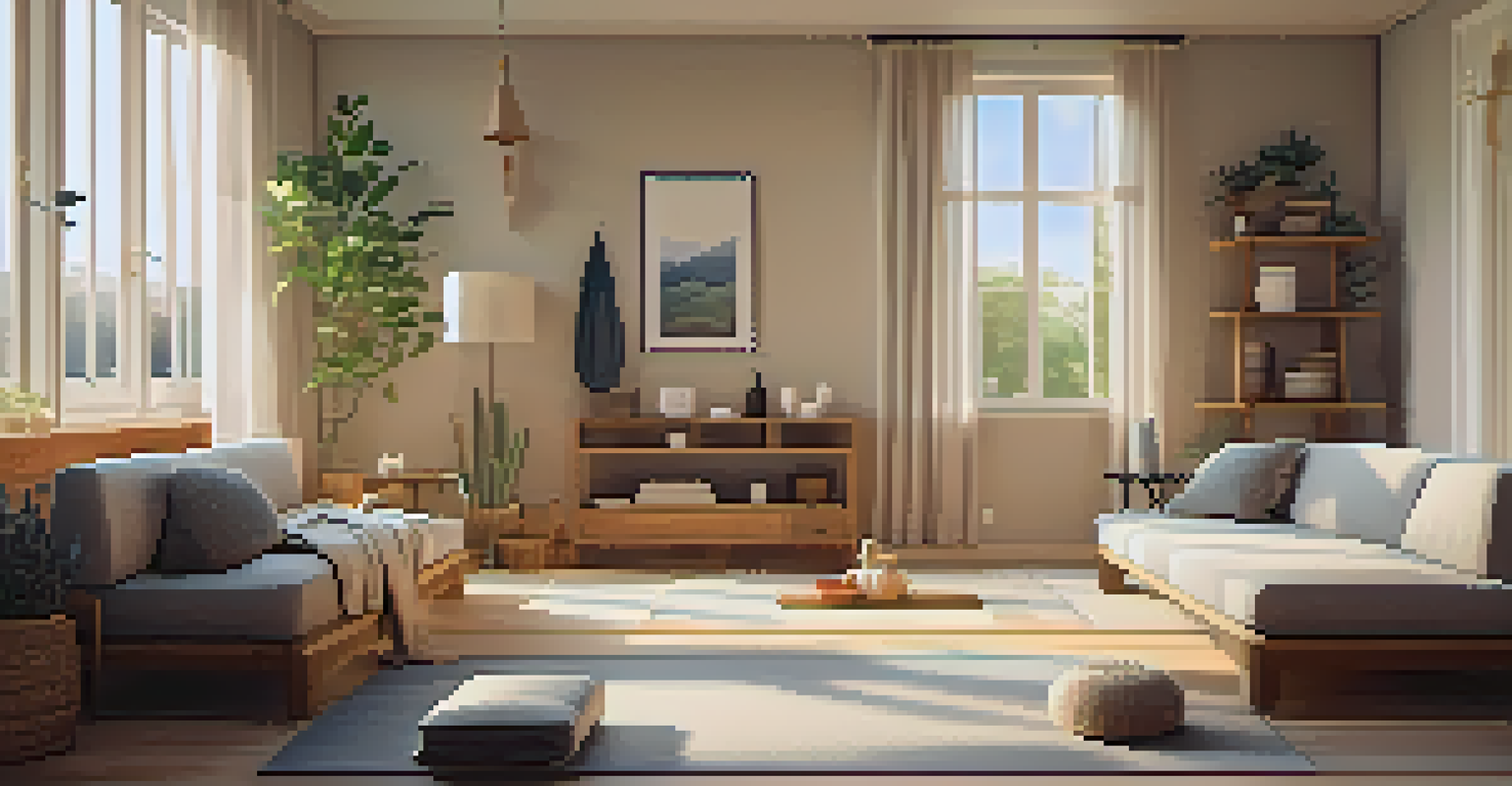 Cozy living room yoga setup for seniors with props and a yoga mat, illuminated by natural light.