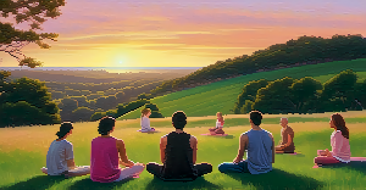 Individuals meditating on a grassy hill during sunset, with a colorful sky and a peaceful atmosphere.