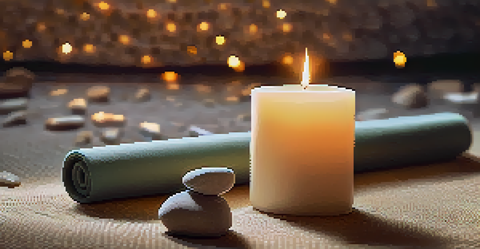 A close-up of a yoga mat with hands in a meditative pose, surrounded by stones and a candle, creating a peaceful and tranquil atmosphere.