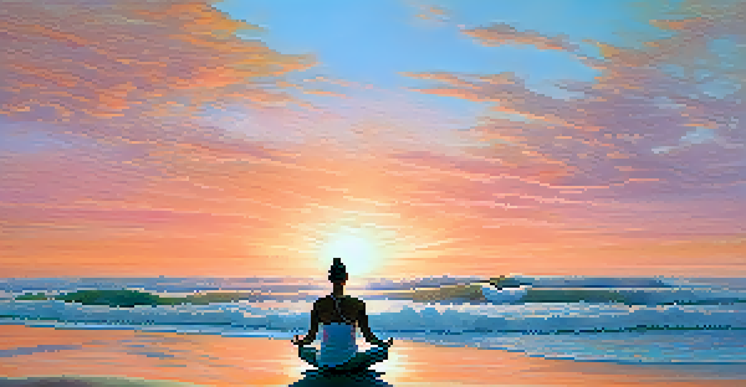 A person meditating on a beach at sunrise, surrounded by soft waves and colorful skies. They are visualizing vibrant light around them.