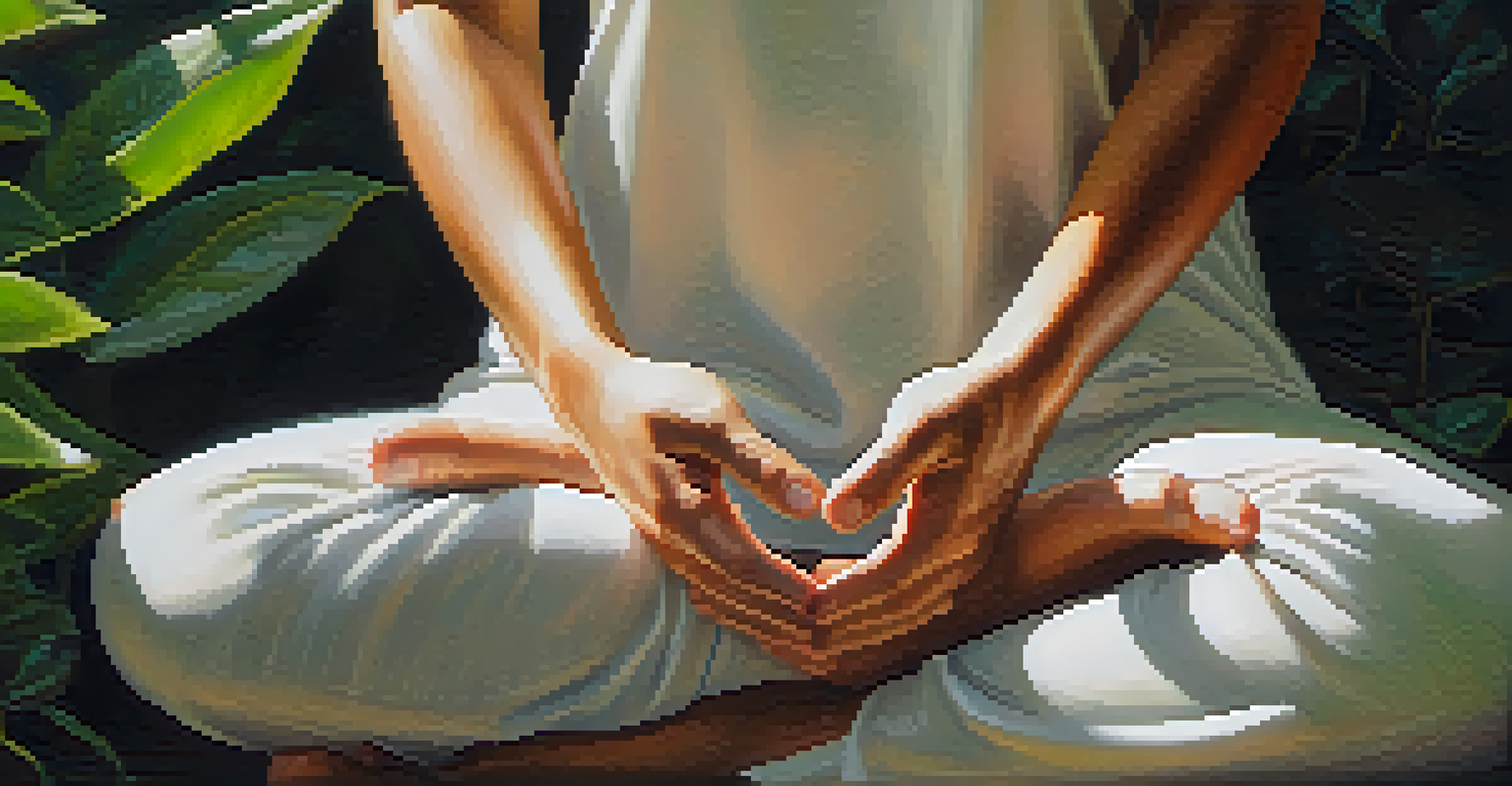 Close-up of a person's hands in a mudra gesture during meditation with greenery in the background.