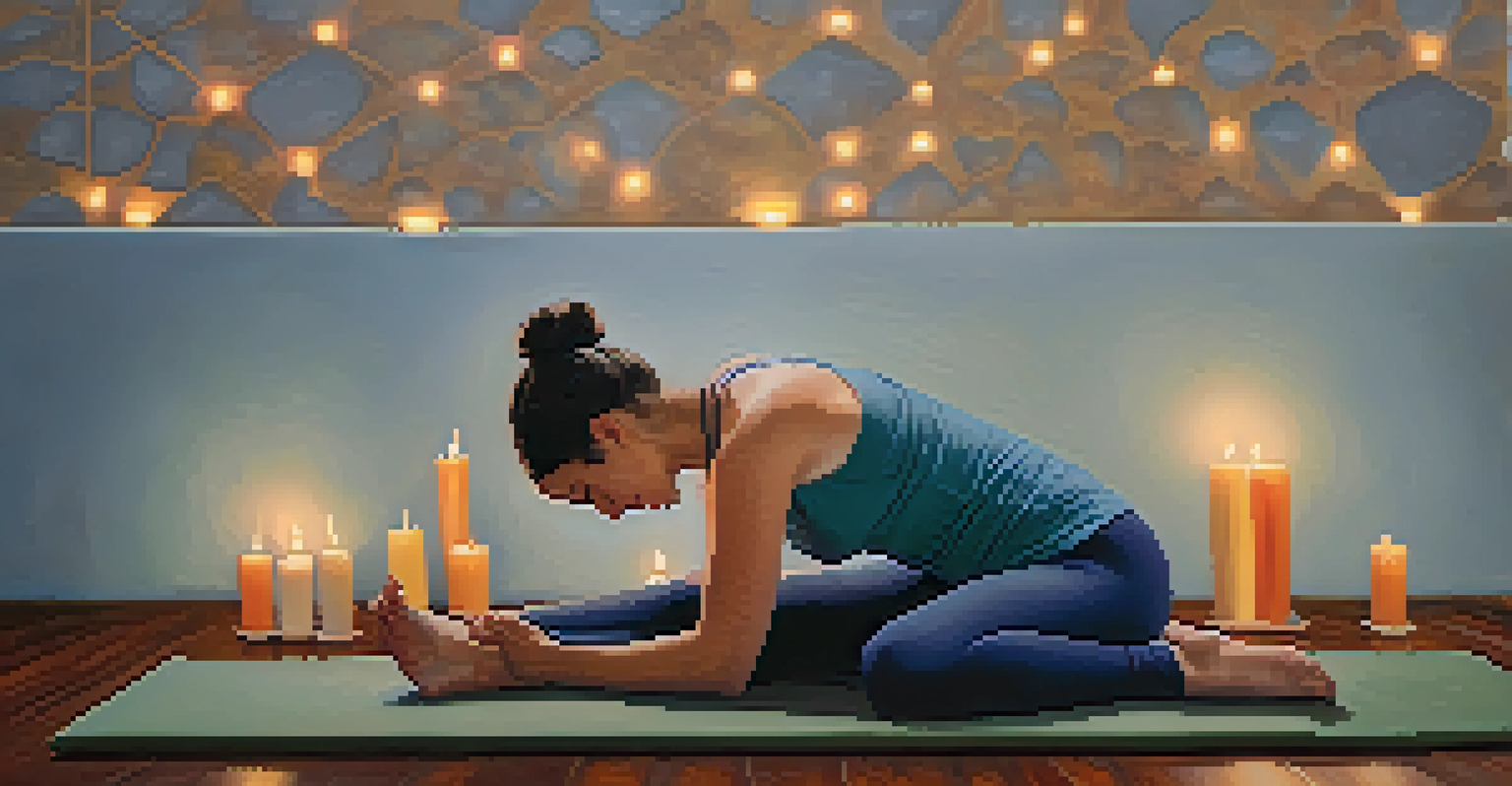 A person lying on a yoga mat with eyes closed, deeply relaxed in a dimly lit environment with candles.