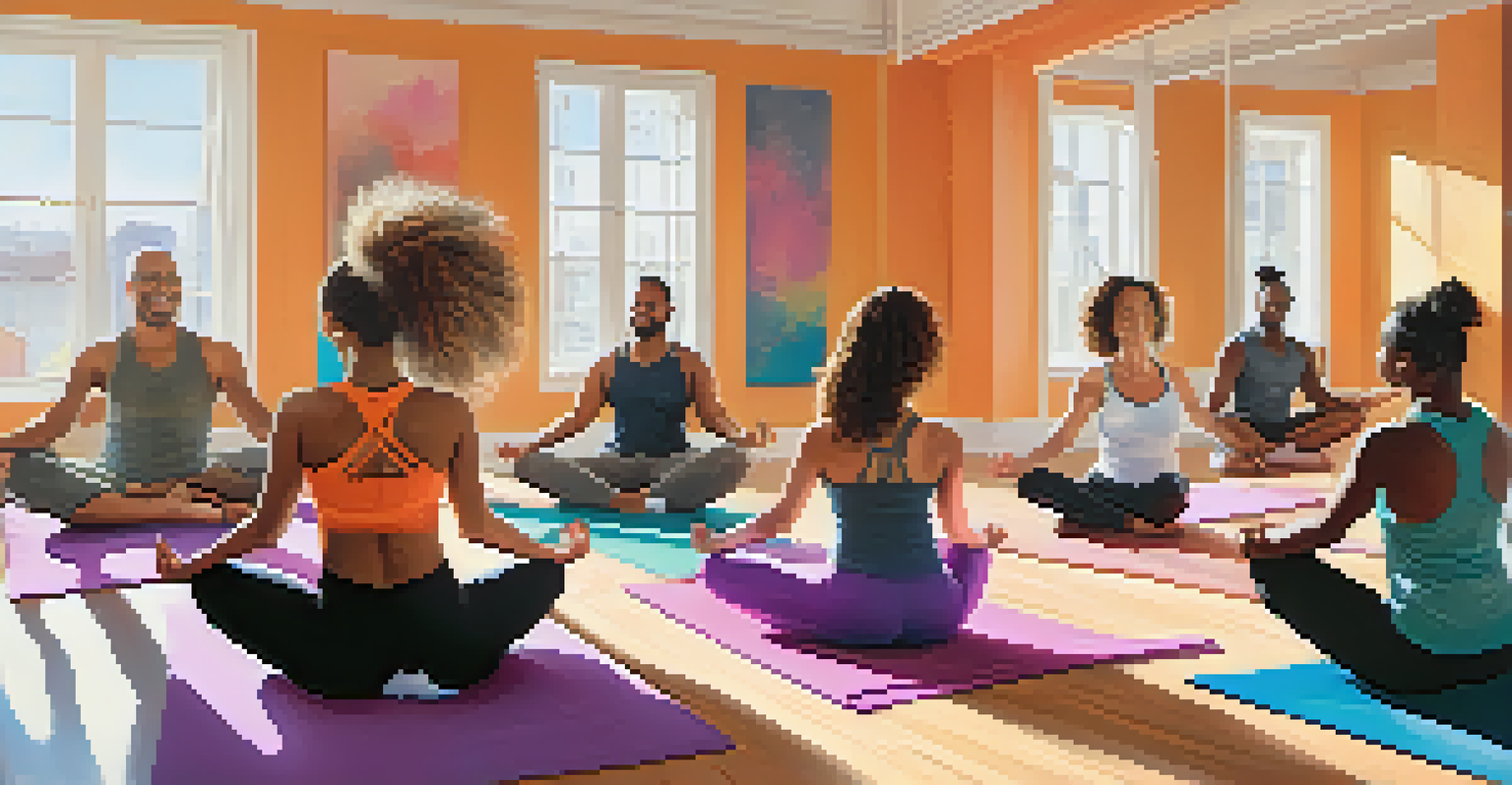 A diverse group of people practicing yoga together in a bright room, showcasing a sense of community.