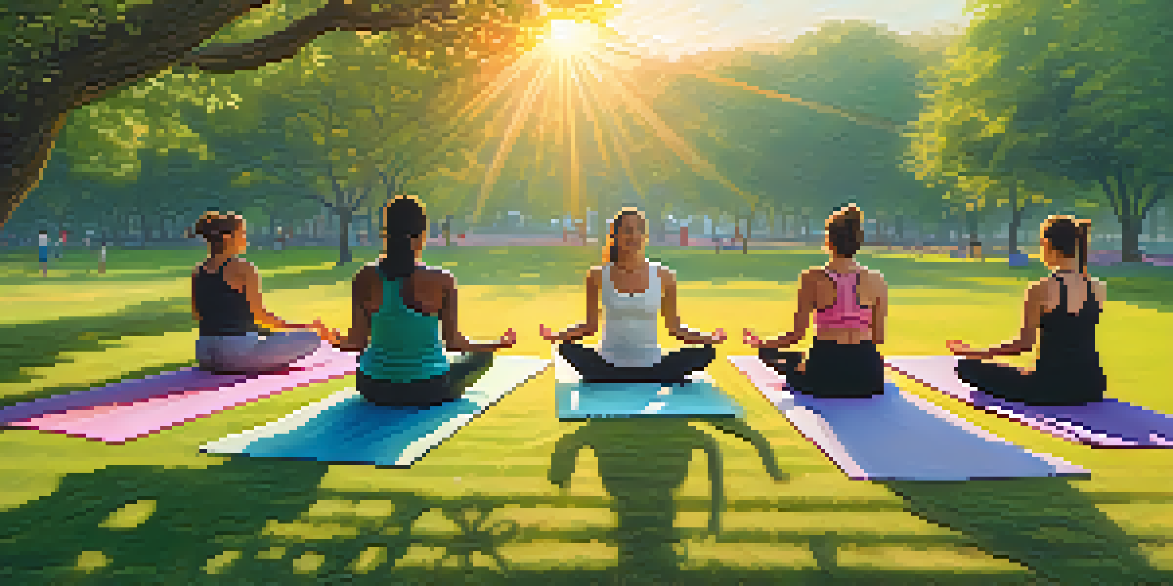 A diverse group of activists practicing yoga outdoors at sunrise, surrounded by greenery and flowers, with warm sunlight illuminating the scene.