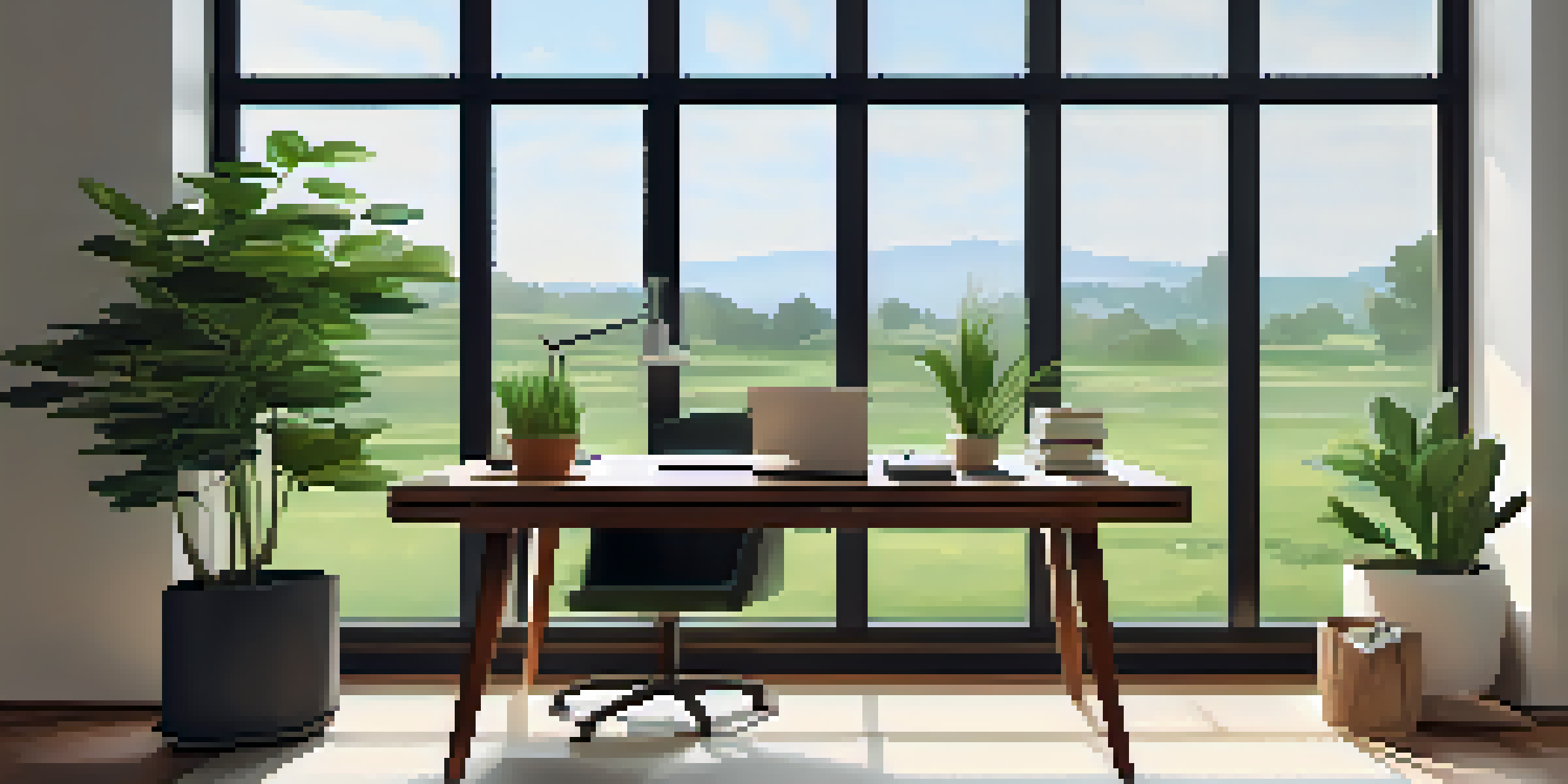 A bright office with a wooden desk, a potted plant, and an open notebook, with a view of green outdoors.