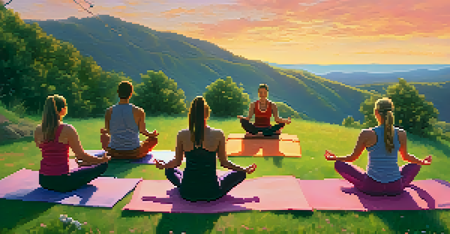 An outdoor yoga retreat at sunset with practitioners enjoying partner poses, surrounded by a beautiful landscape.