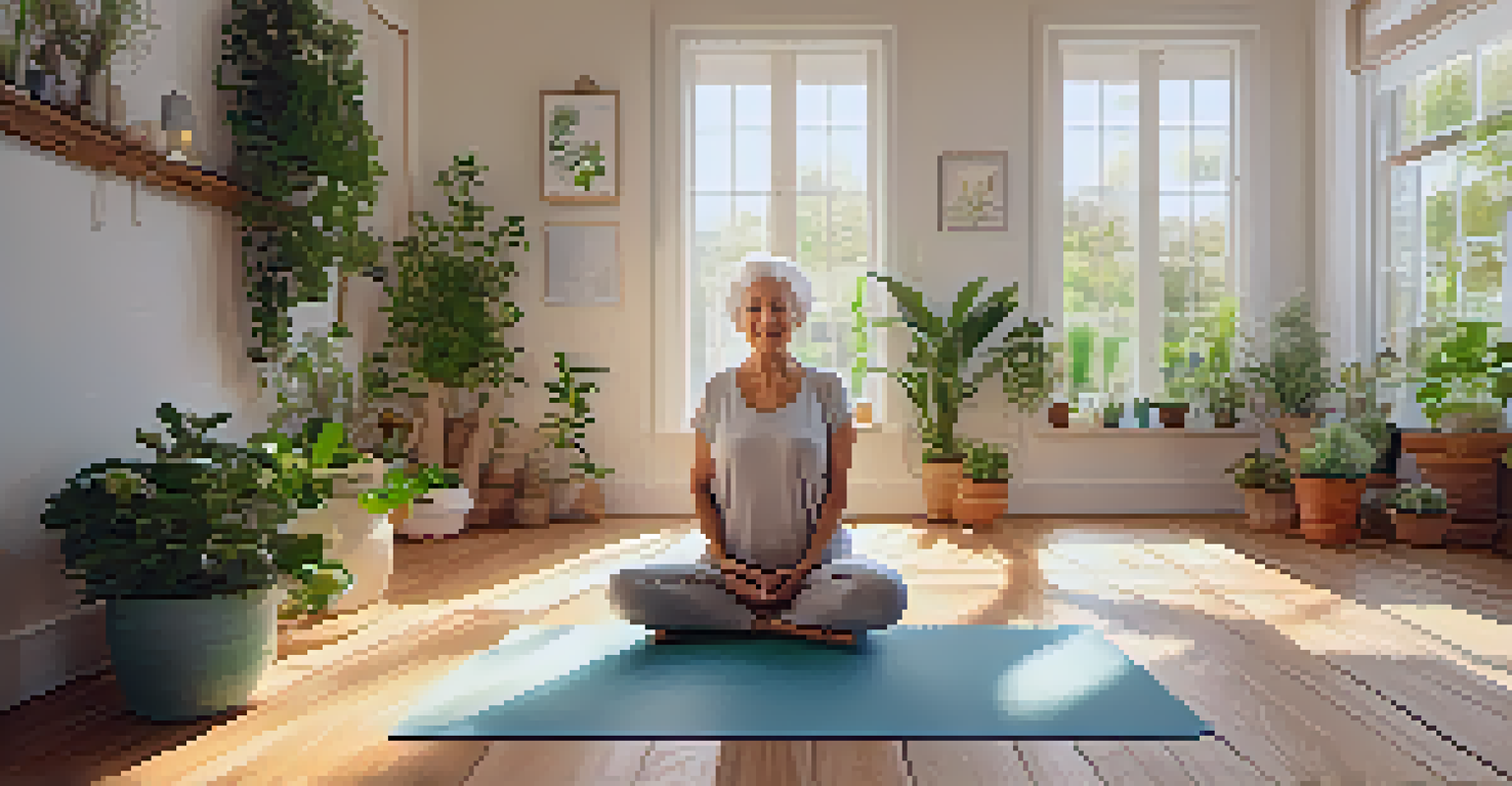 An elderly woman practicing yoga in a bright, inviting studio with plants and natural light.