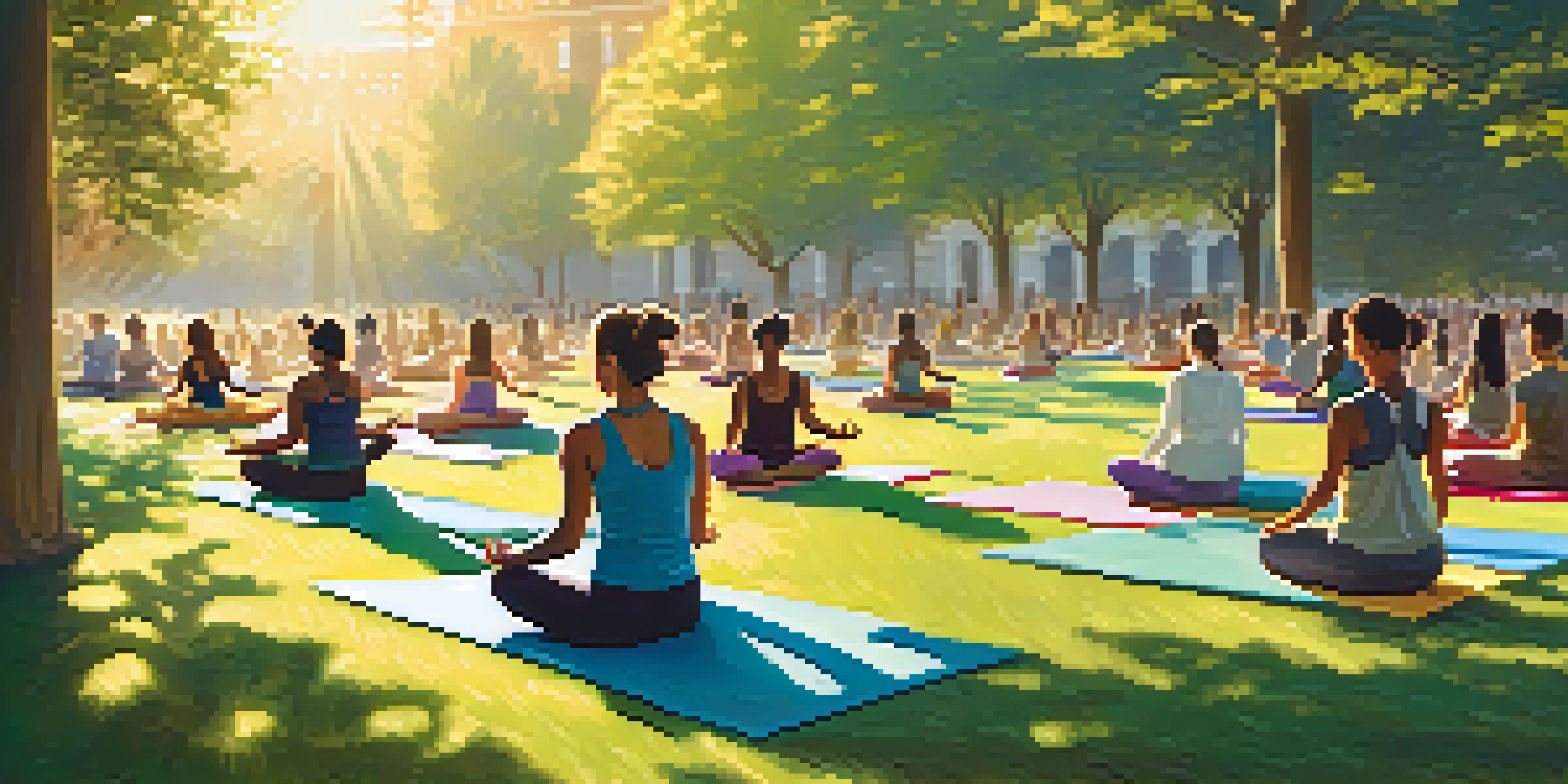 A group of diverse individuals practicing yoga outdoors at sunrise, surrounded by greenery and colorful mats.