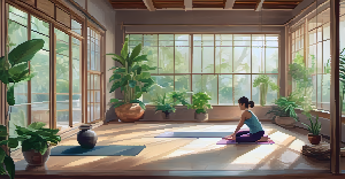 A peaceful yoga studio with a person practicing Child's Pose on a bamboo mat, surrounded by plants and soft natural light.