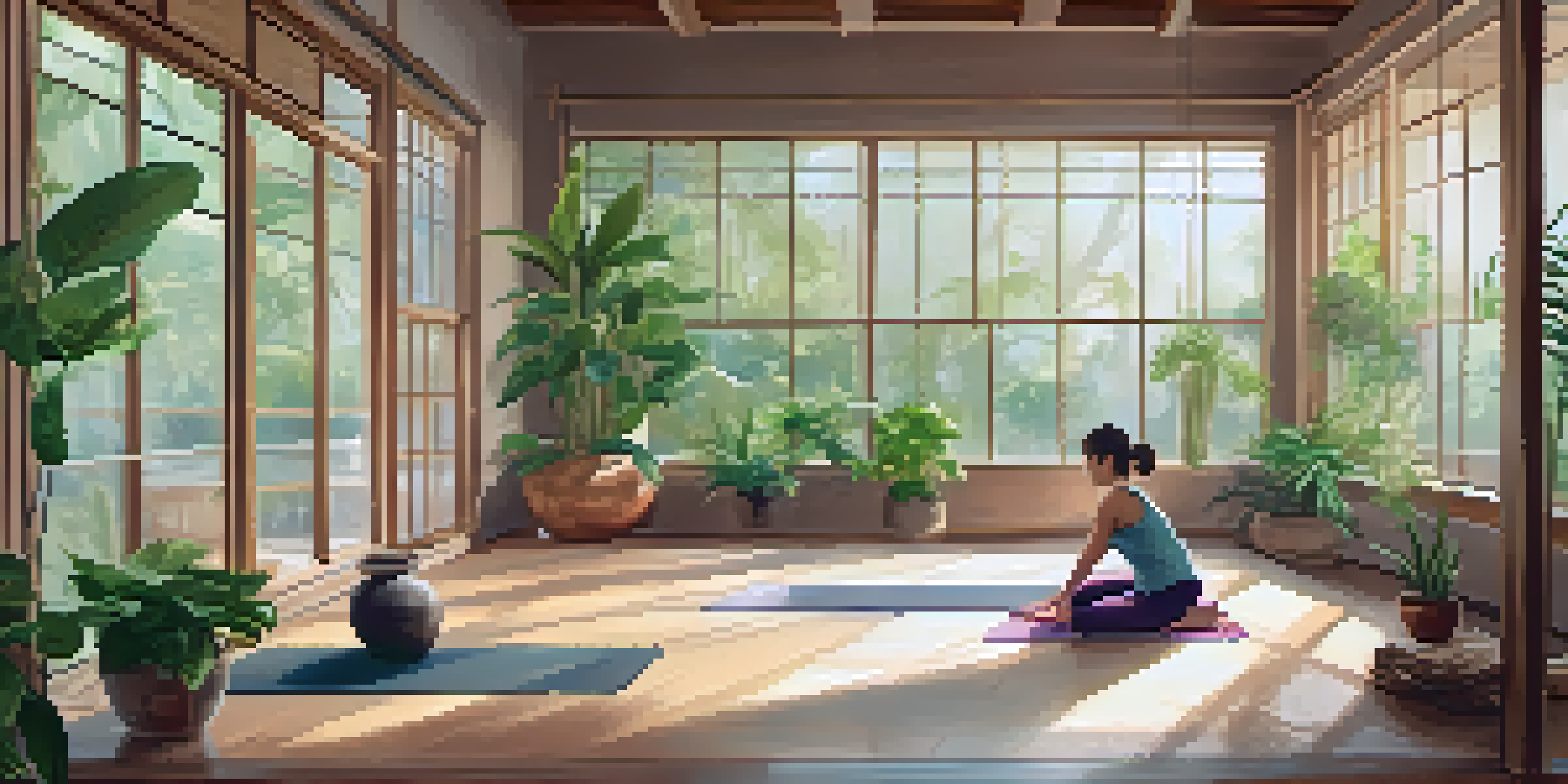 A peaceful yoga studio with a person practicing Child's Pose on a bamboo mat, surrounded by plants and soft natural light.