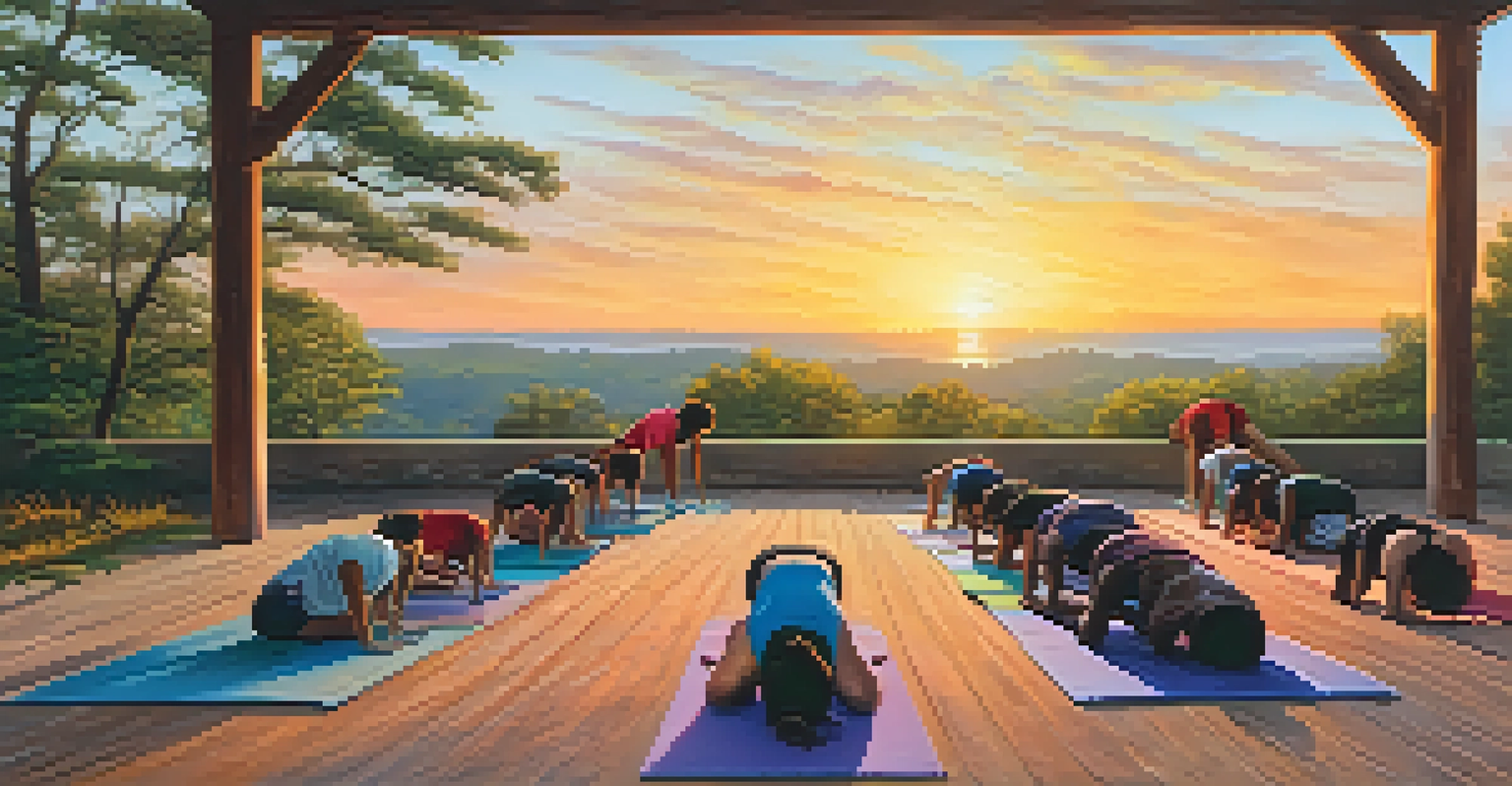 A group of people practicing yoga outdoors at sunset, showcasing different yoga poses.