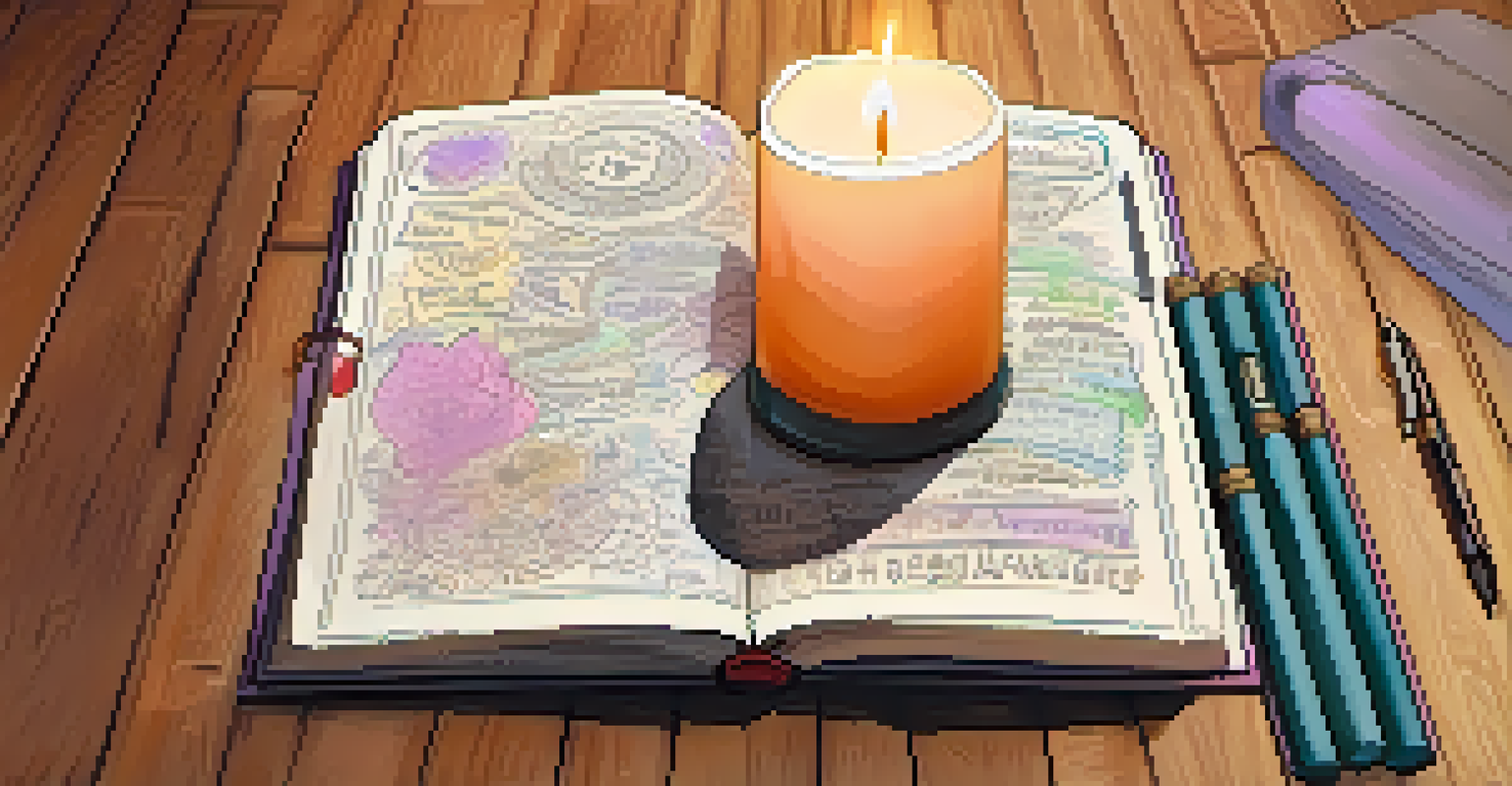 An overhead view of a yoga mat with a journal, pen, and a flickering candle, creating a tranquil journaling scene.