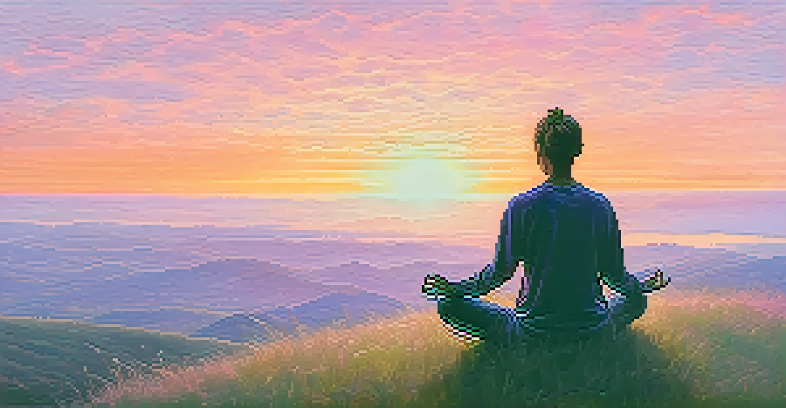 A person practicing breathwork on a hilltop at sunrise, with a colorful sky and dew-covered grass.