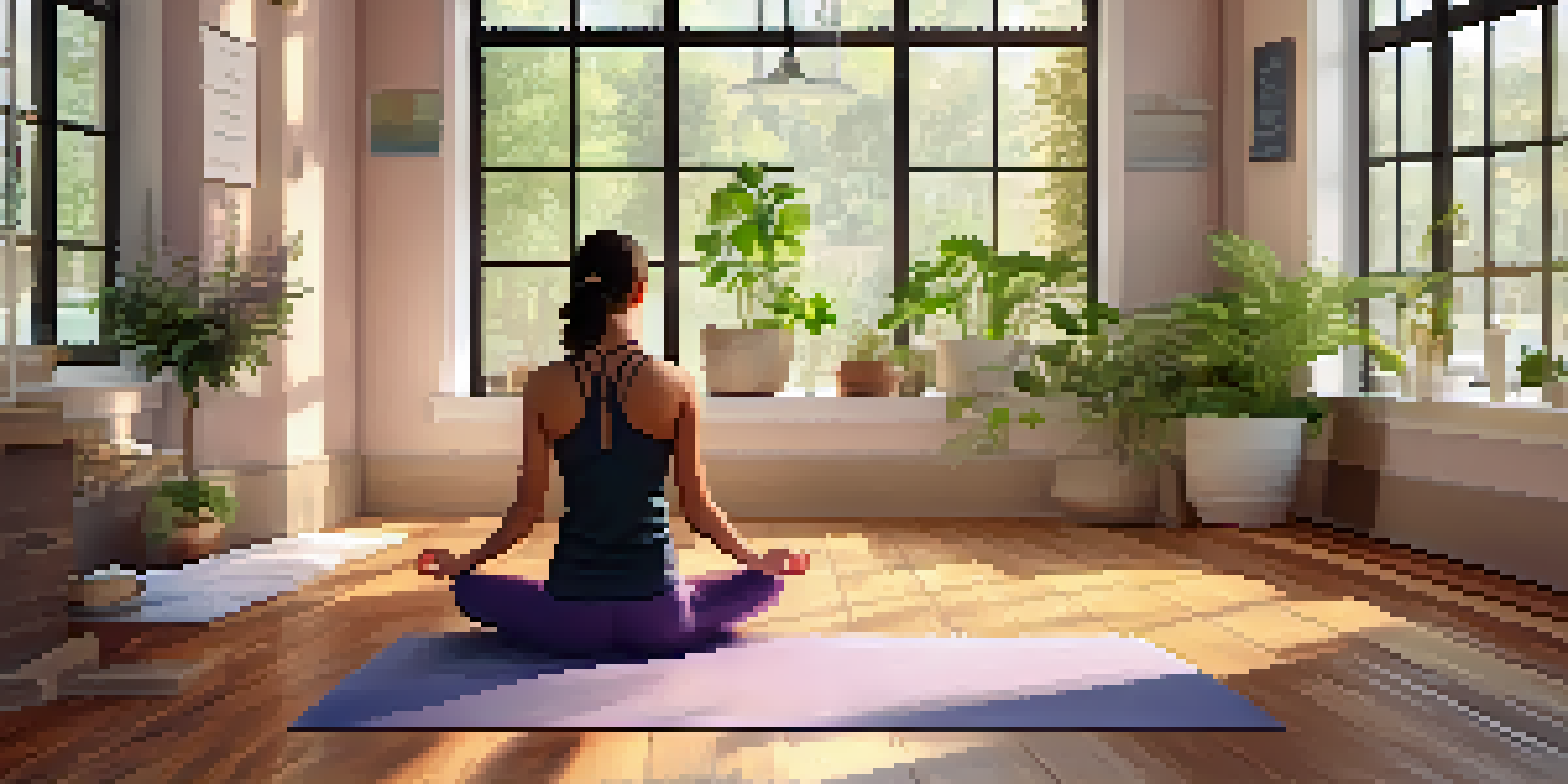 A peaceful yoga studio with a person practicing yoga, warm colors, and plants, illuminated by morning light.