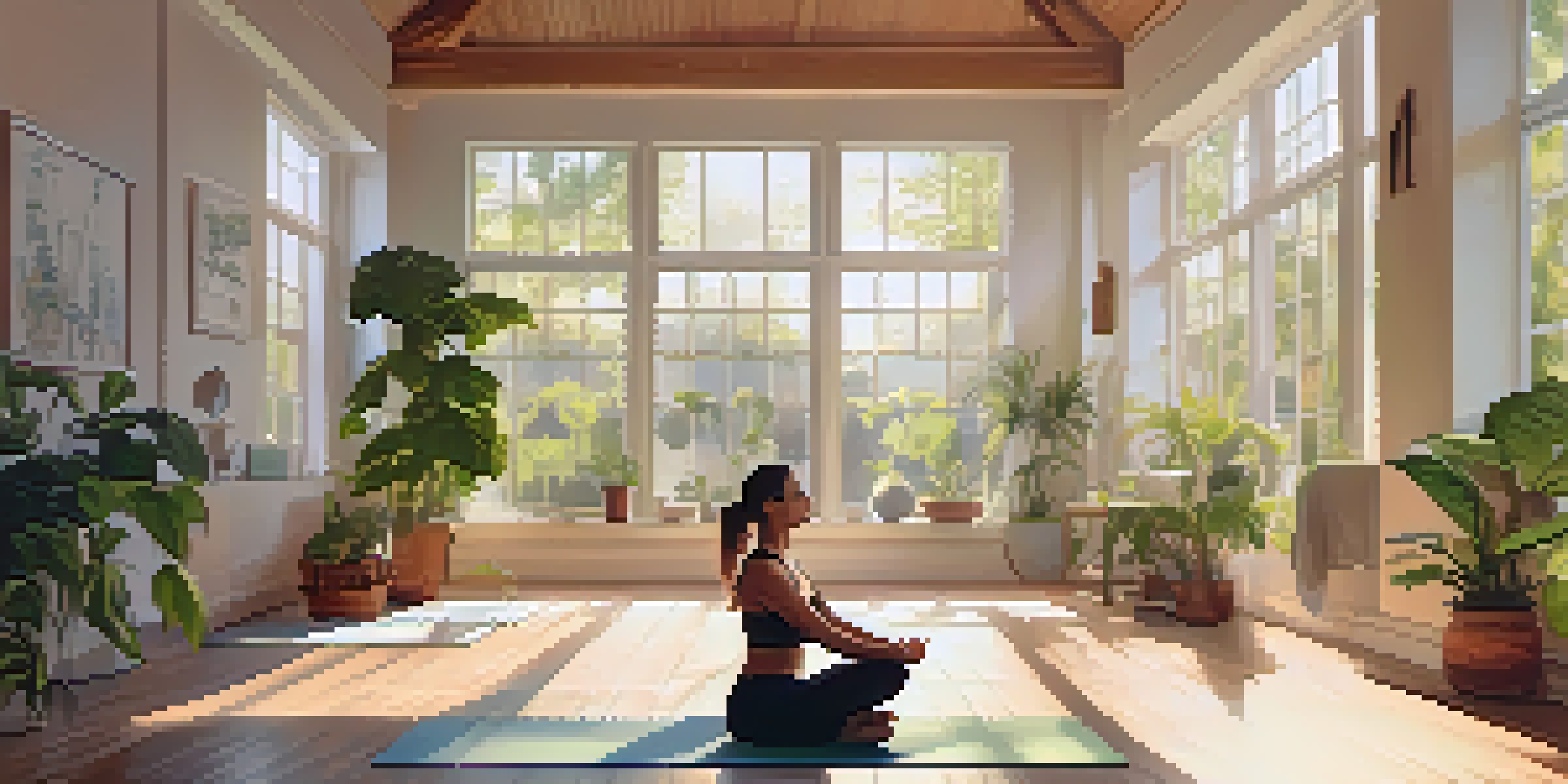 A woman practicing Child's Pose in a tranquil yoga studio with sunlight streaming through the windows.