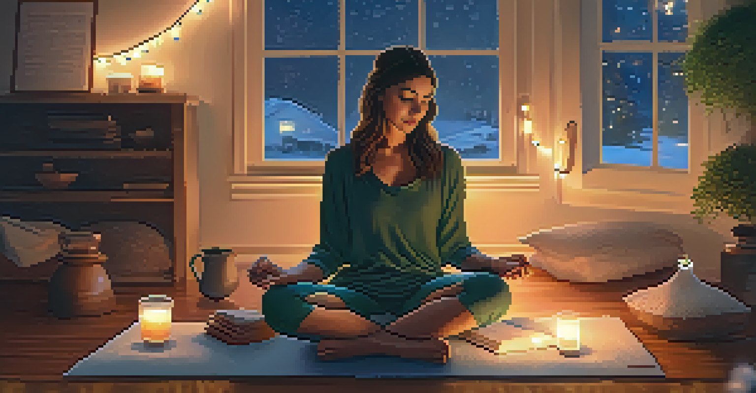 A person journaling on a yoga mat surrounded by warm fairy lights, with a cozy blanket and a cup of tea nearby.
