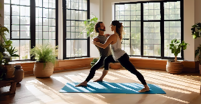 Two individuals practicing partner yoga in a sunlit studio, one supporting the other in a tree pose with warm colors and natural elements.