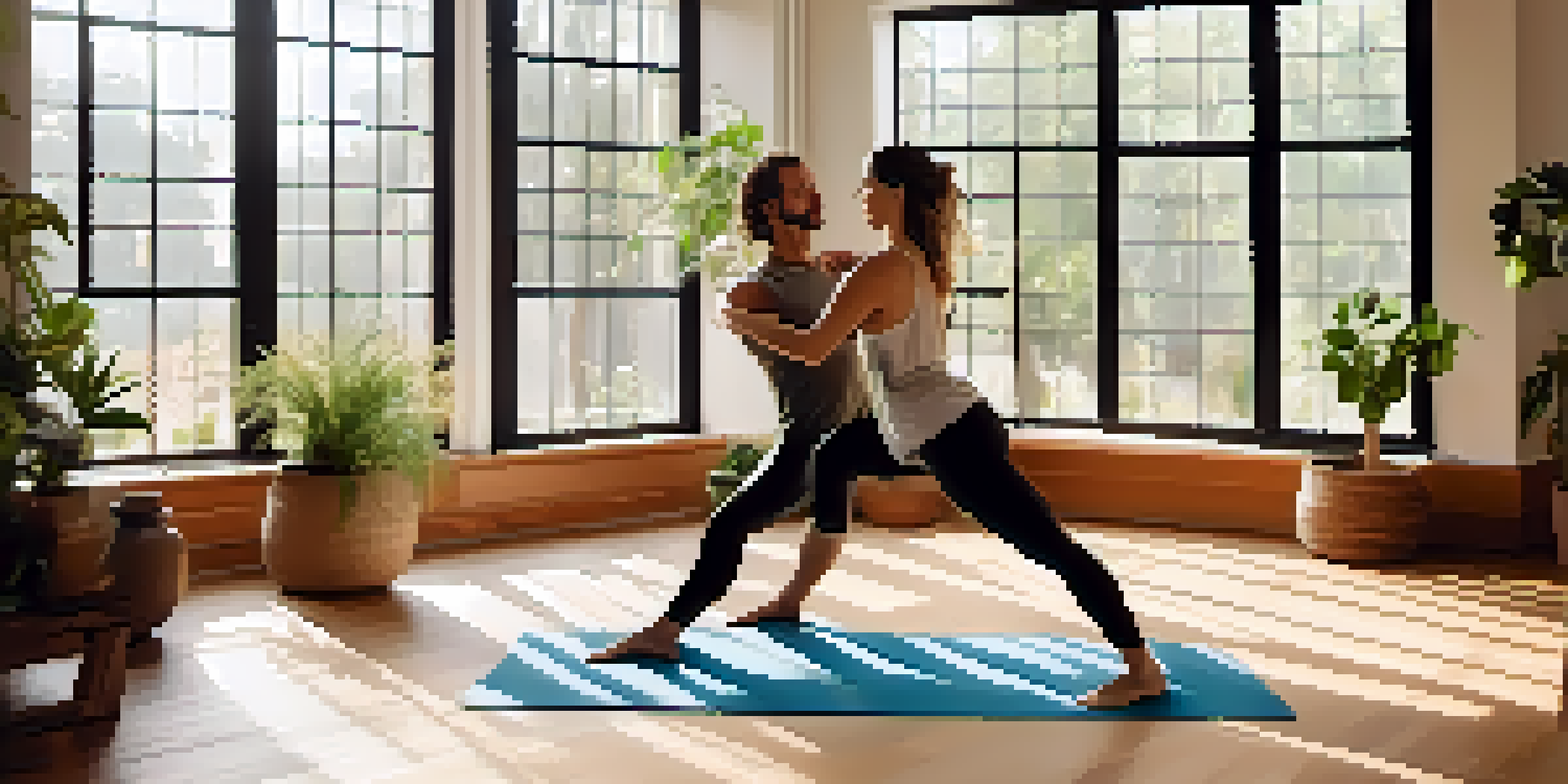 Two individuals practicing partner yoga in a sunlit studio, one supporting the other in a tree pose with warm colors and natural elements.