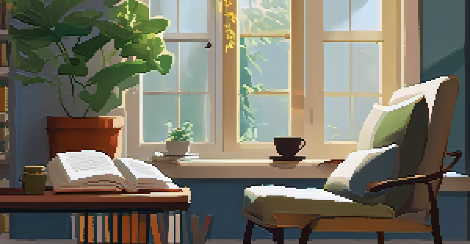 A cozy reading nook with a cup of tea and books, illuminated by sunlight filtering through a window with plants.